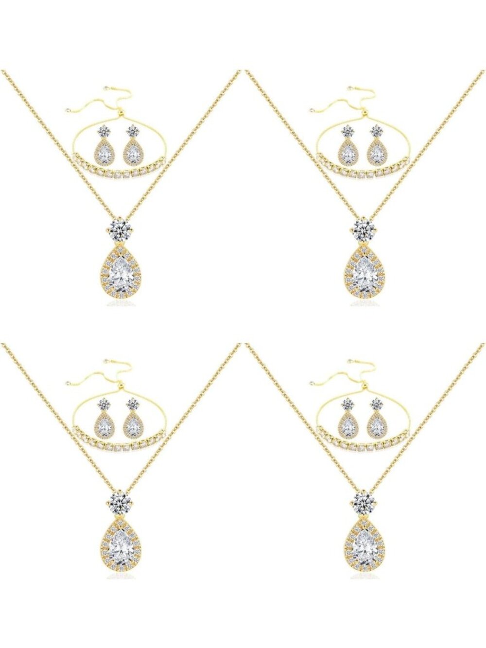 Elegant Teardrop Zircon Jewelry Set - Gold & Silver Earrings, Necklace, Bracelet